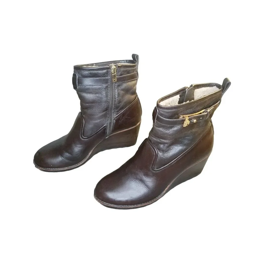 Tory Burch Primrose Wedge Bootie Women 8 Dark Brown Leather Boot Shearling Lined